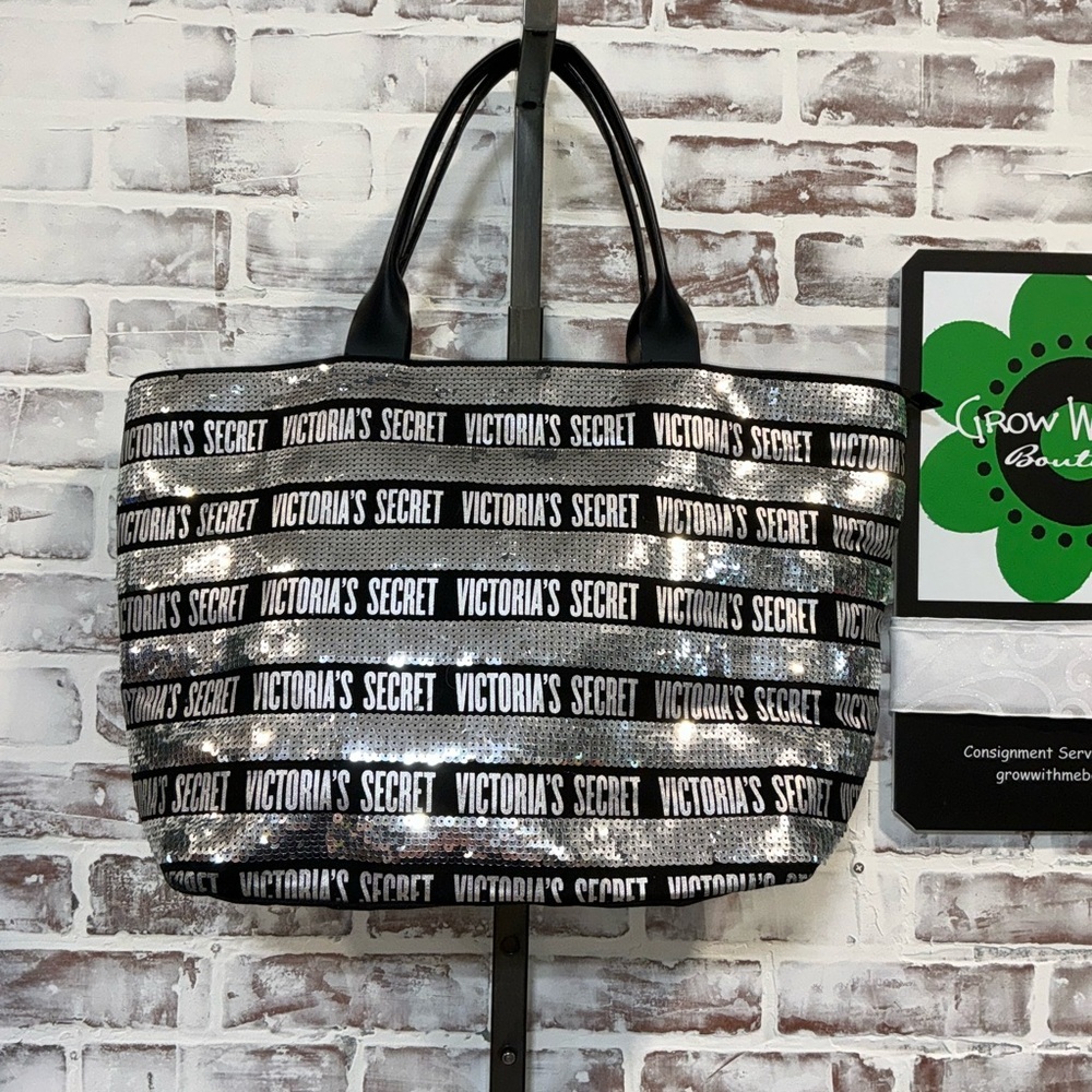 Victoria's Secret Black and Silver Sequin Logo Tote